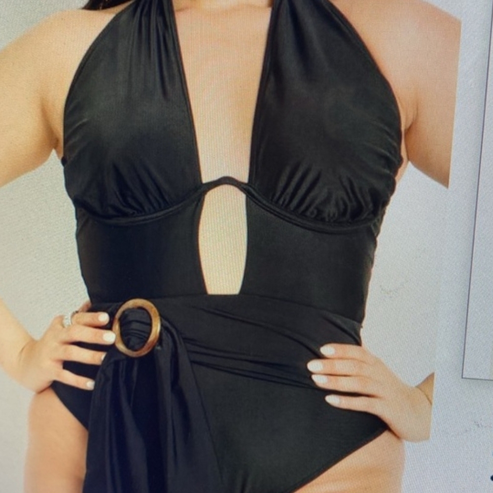 Eloquii Black Halter Swimsuit with Waist Sash Size 14 NWOT
